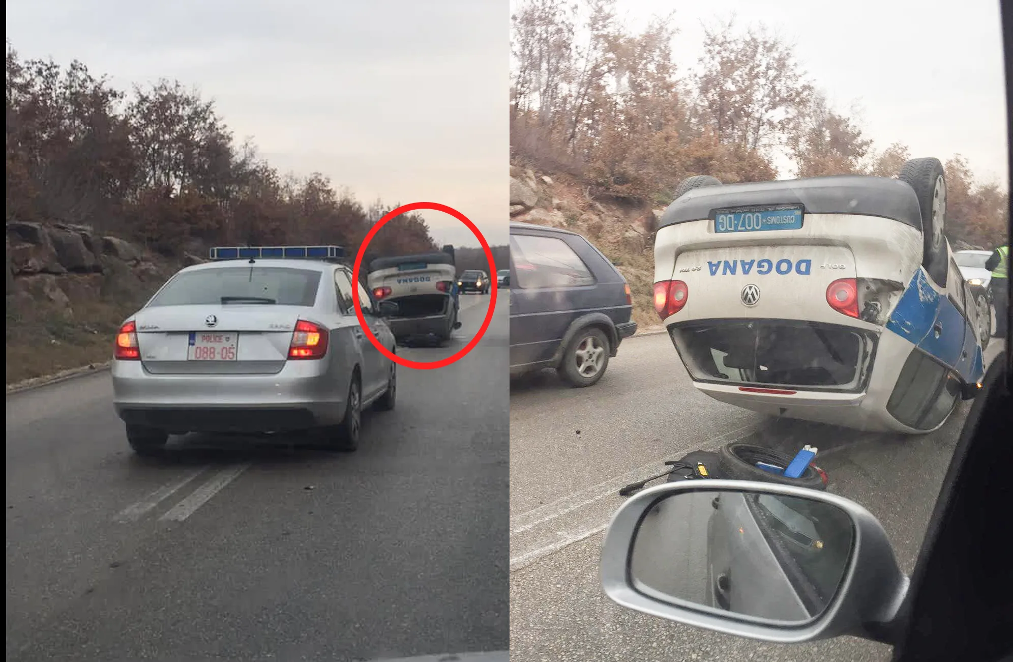 Një veturë e policisë doganore rrotulliset në magjistralen Prishtinë- Pejë