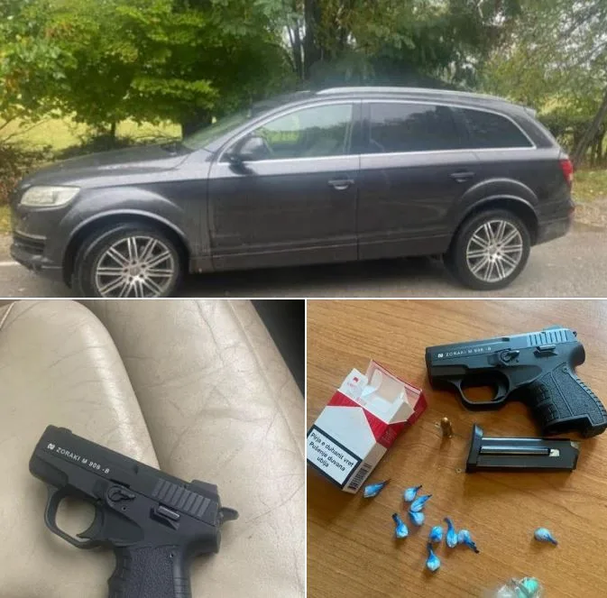 Policia e ndalon “Audi”-në pa targa, posedonin armë dhe kokainë, arrestohen dy persona
