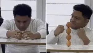 Një i ri nga Jemeni theu rekordin Guinness për vendosjen e katër vezëve mbi njëra-tjetrën