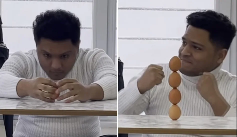 Një i ri nga Jemeni theu rekordin Guinness për vendosjen e katër vezëve mbi njëra-tjetrën