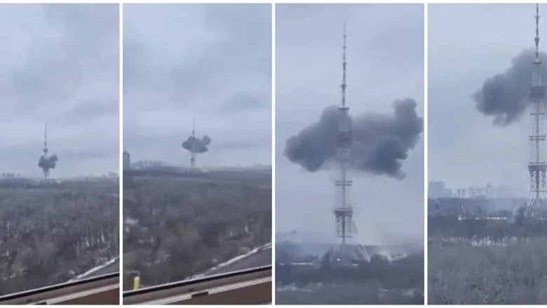Momenti kur kulla e televizionit në Kyiv goditet nga raketa