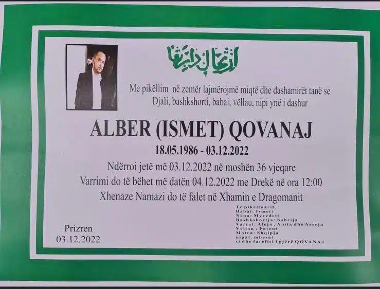Alber Qovanaj nga Prizreni, vdes aksidentalisht në Çagllavicë të Prishtinës