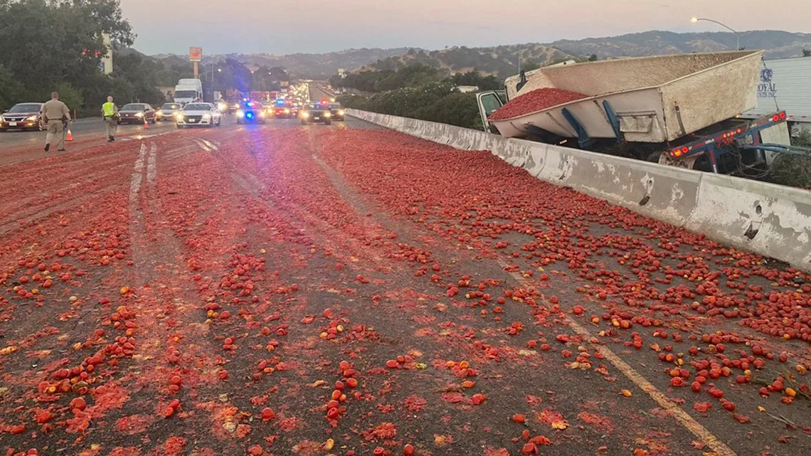 Përmbyset kamioni, autostrada e Kalifornisë mbulohet nga domatet